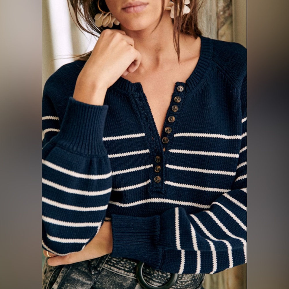 Sezane Leontine Navy White Sweater Jumper Stripe Size Large Ecru knit buttons